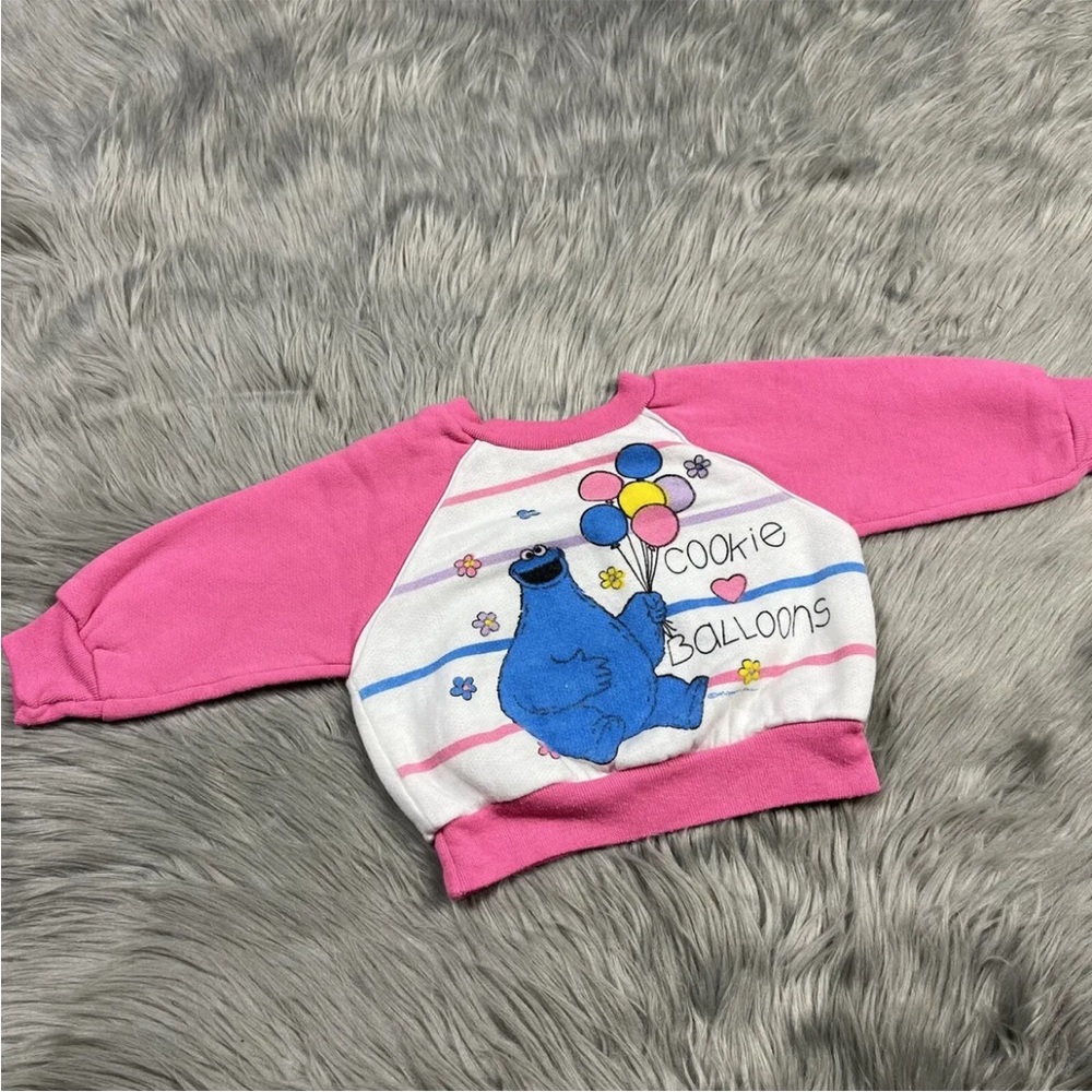 Vintage Sesame Street Cookie Monster Pink White Balloon Sweater